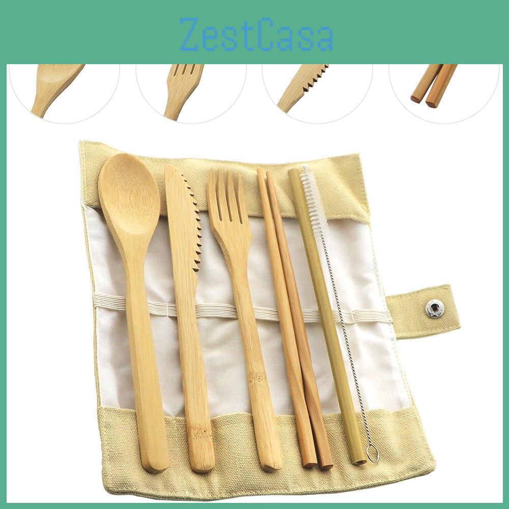 Suit 7pcs Portable Travel Cutlery Ecofriendly Fork Spoon Set Include Reusable Bamboo Slice Chopsticks Straw Cleaning Brush Set
