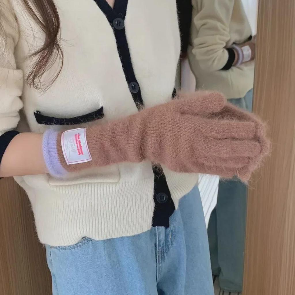 Women's Korean Style Colorblock Wool Long Gloves - Warm, Windproof, Five-Finger Design for Winter Cycling