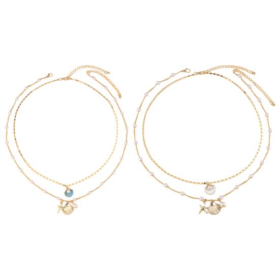 Women Necklace Double-layered Shell Starfish Charm Faux Pearl Decor Adjustable Length Ocean Theme Clavicle Ncklace Prom Party Cosplay Neck Jewelry
