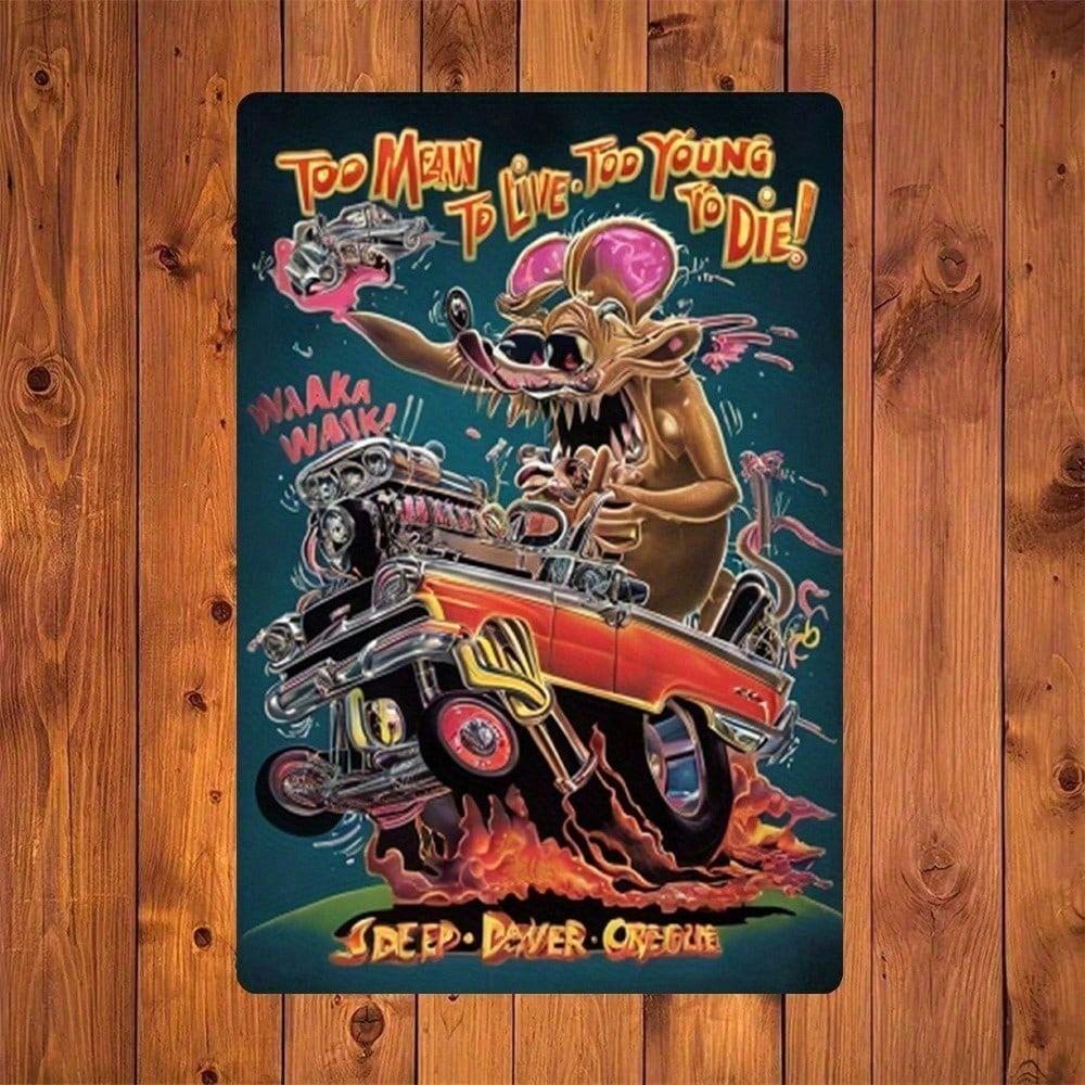 Металлический Постер Жестяная Табличка Rat Fink Мультяшный 8x12 Дюймов Винтажный Настенный Декор для Дома Гаража Бара Мужской Уголок