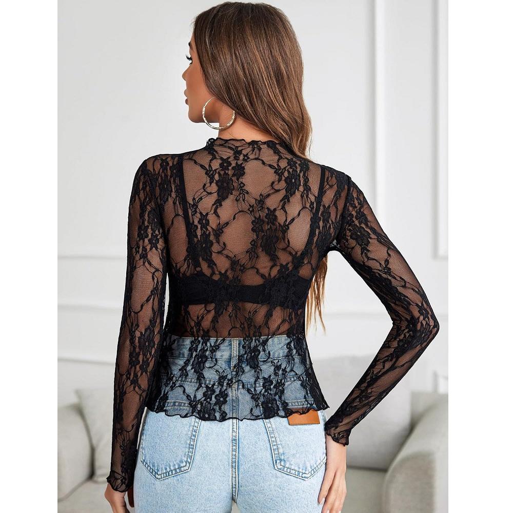 Женские сетчатые прозрачные кружевные топы с круглым вырезом и длинными рукавами, женские облегающие топы с цветочной вышивкой, женские нарядные футболки