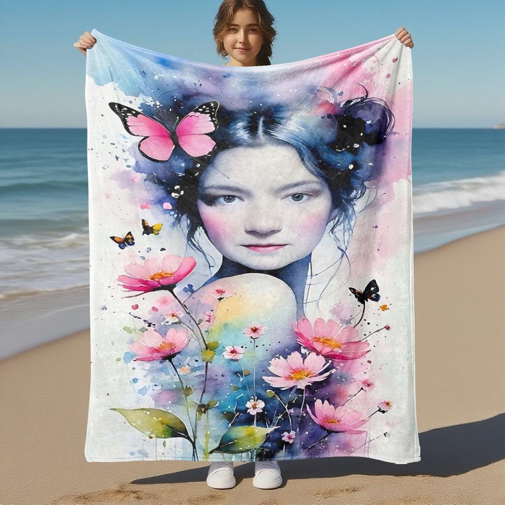 1pc butterfly flowers Outdoor Flannel Blanket Soft Warm All-Season Throw for Sofa Bed Car Camping Office, Cozy Gift Idea1189S