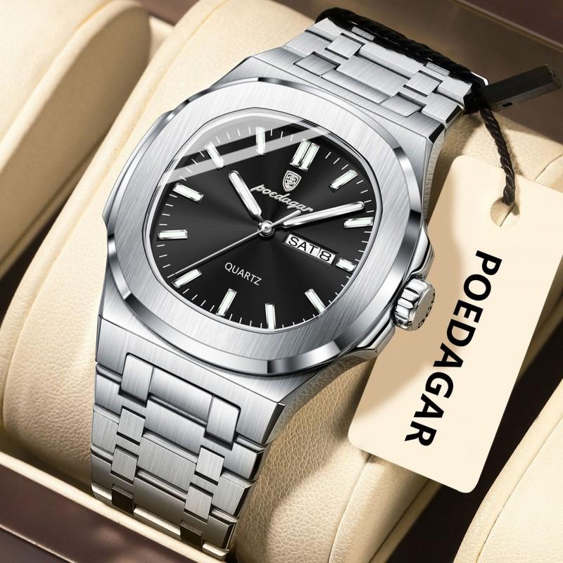 Swiss Style Square Quartz Mens Watch With Luminous Hands 50M Waterproof Stainless Steel Band