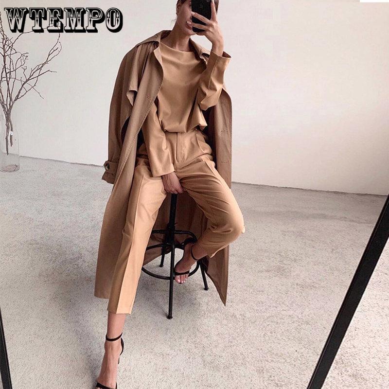 Женский элегантный однотонный комплект из 2 предметов, повседневный пуловер с круглым вырезом, топы, длинные брюки, костюм, женская мода, свободная одежда, уличная одежда