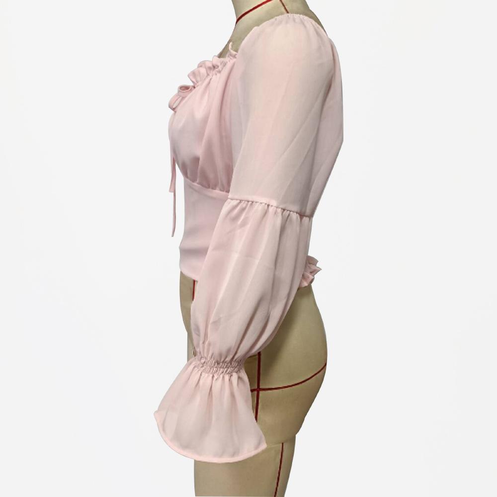 Женские топы весна-лето расклешенные рукава завязка на талии женская рубашка