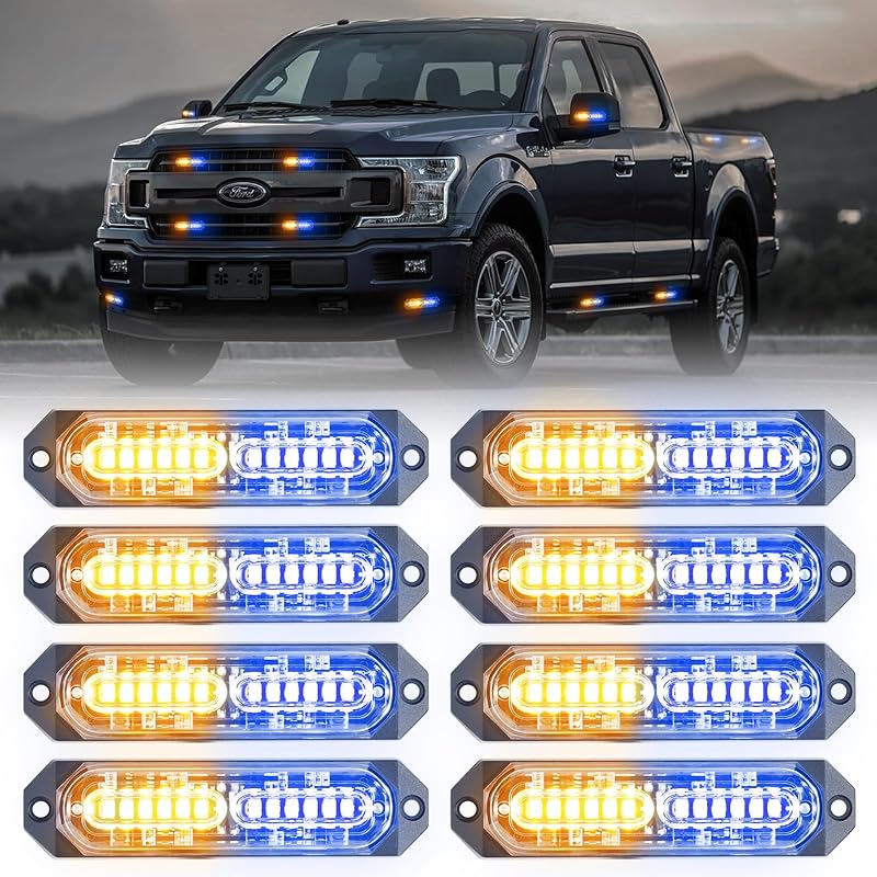 8Pcs Amber White Surface Mount Emergency Strobe Lights For Trucks, Ultra Slim Grille Warning Flashing Light Bar For Vehicles/Car