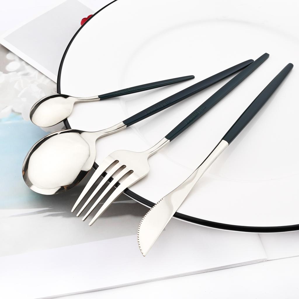 30pcs Black Gold Dinnerware Set Stainless Steel Flatware Set Cake Fork Coffee Spoon Knife Silverware Tableware Set Cutlery Set