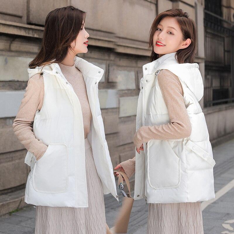 Women Autumn Winter Short Hooded Vest Coat With Belt Outwear Overcoat Oversized Puffer Jacket Cotton Padded Parkas Waistcoat