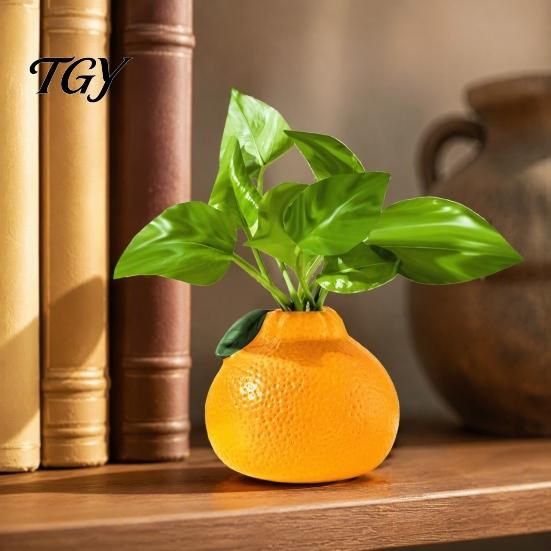 Bright Colored Decorative Vessel Orange Shaped Vase, Hydroponics Creative Flower Container, Small Sustainable Plastic Vase Pot for Living Room