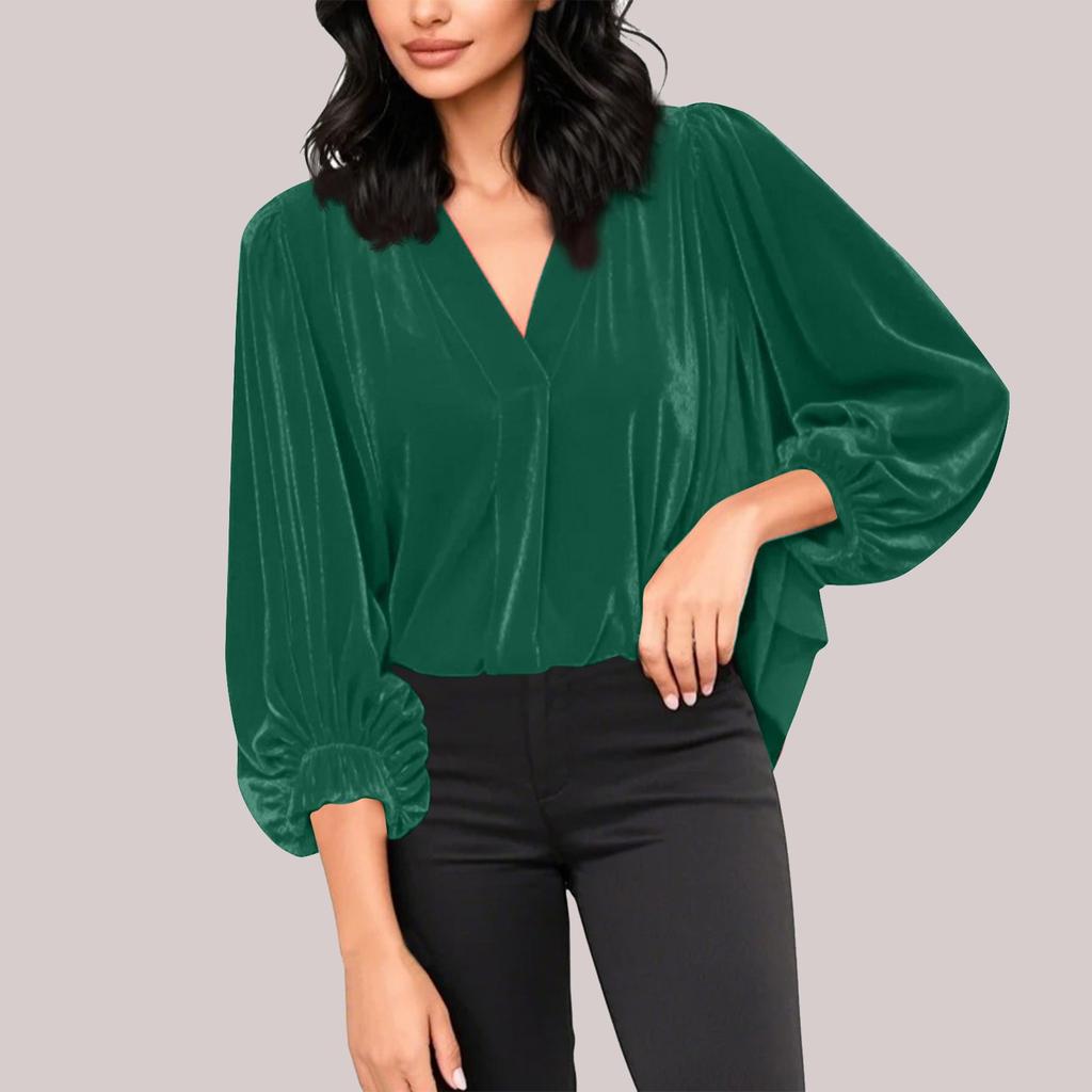 Женские бархатные топы с V-образным вырезом и рукавами-фонариками 3/4, модные нарядные повседневные свободные рубашки для рождественской вечеринки и праздника