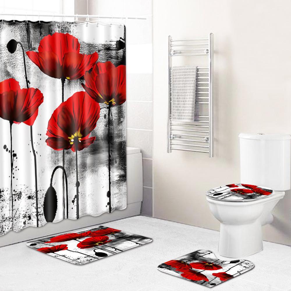 Painted Flowers Bathroom Shower Curtain Floor Mat Toilet Cover Foot Mat Four-Piece Pattern Size Fixed Zhi