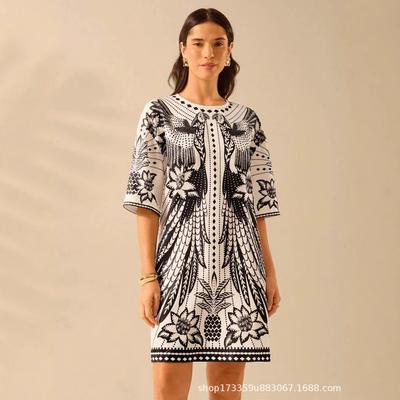 Летние платья для женщин Повседневные мини-платья с короткими рукавами Сарафаны Цветочные пляжные платья в стиле бохо Женское короткое платье с круглым вырезом