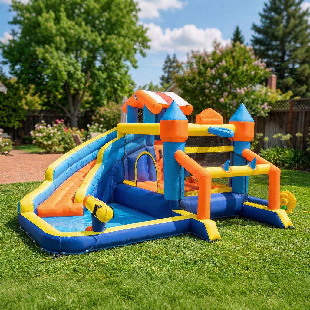 8-in-1 Bounce House with Blower Slide Splash Pool Trampoline Climbing Wall for Indoor Outdoor 350x325x210cm Multicolor