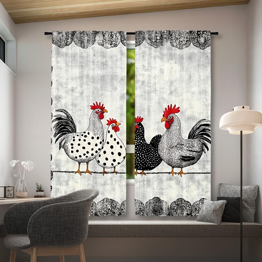 2pcs Retro Polka Dot Chicken Print Cafe Curtains, 35x90in, Contemporary Style, Rod Pocket, Light-Filtering, Machine Washable