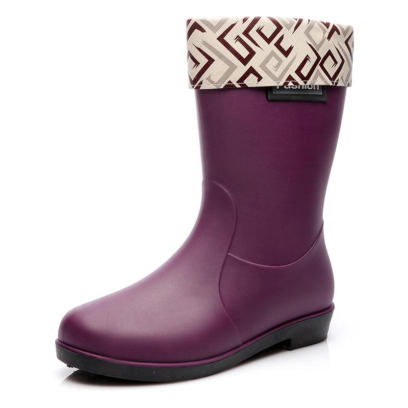 Medium tube rain shoes women wear non-slip water shoes with velvet kitchen work water boots high tube rain boots rubber shoes fashion