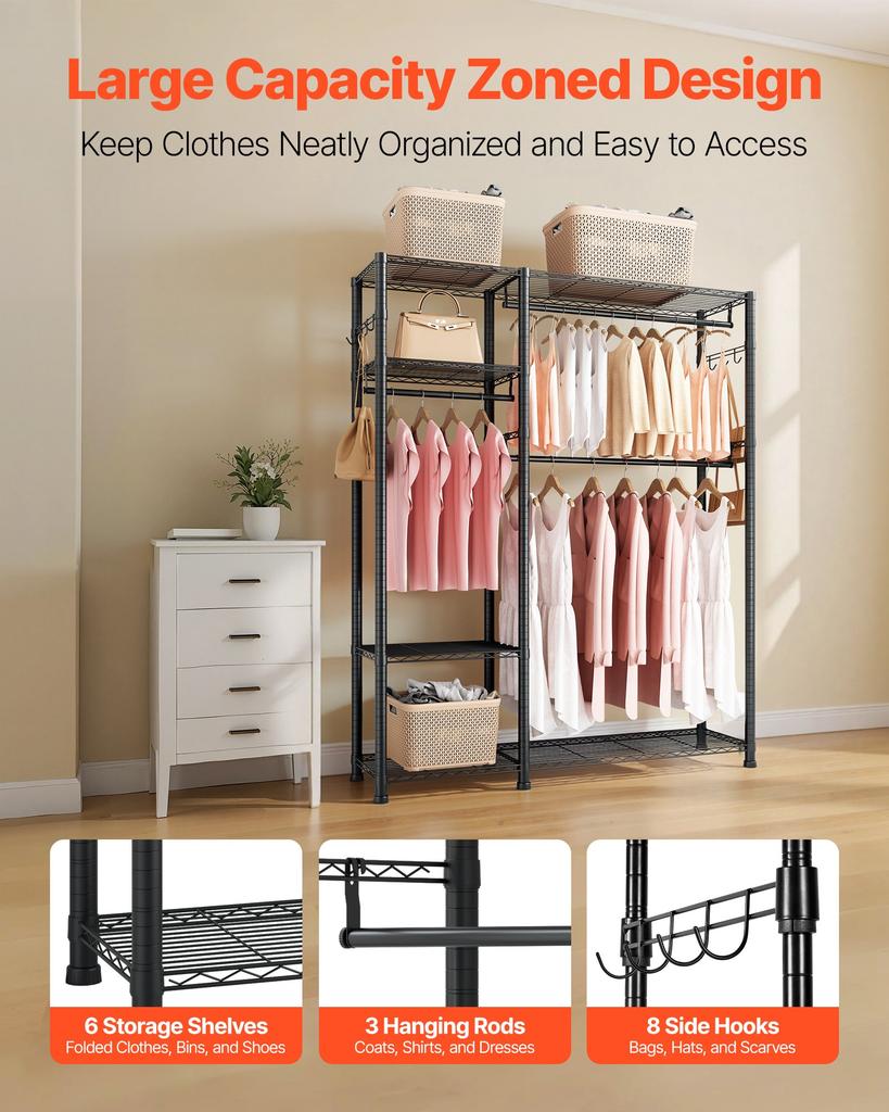 VEVOR Clothing Garment Rack, Heavy Duty Clothes Rack, 6 Adjustable Tiers Clothes Racks with Steel Frame