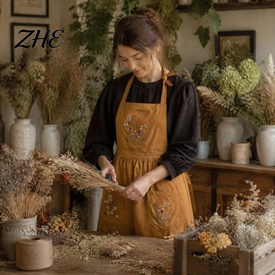 Breathable Cotton Blend Apron Kitchen with Pockets, Durable Washable Chef Apron, Adjustable Cross Florist Garden Pockets Back Design, Hand-Embroidered