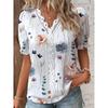 Summer V-neck Lace Trim Floral Print Women's Shirt Women's Fashion Shirt Casual Blouse Suitable for Daily Wear, Office and Leisure