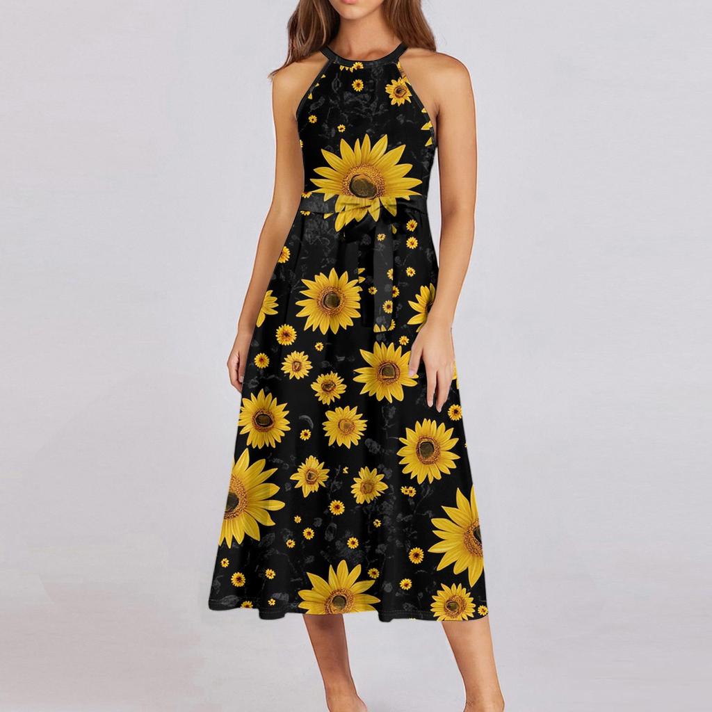 Женское повседневное платье миди с круглым вырезом, классическое, повседневное, без рукавов, свободное платье в стиле бохо с завязками, летний пляжный сарафан