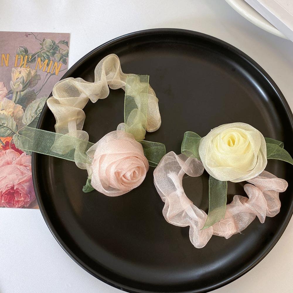 High Elasticity Mesh Yarn Hair Rope Yarn Hair Accessories Trendy Rose Flower Hair Ring