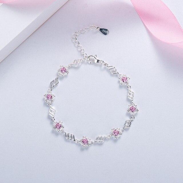 Sweet Pink Zircon Sakura Flower Charm Bracelets for Women INS 925 Sterling Silver Bracelet Wedding Party Jewelry