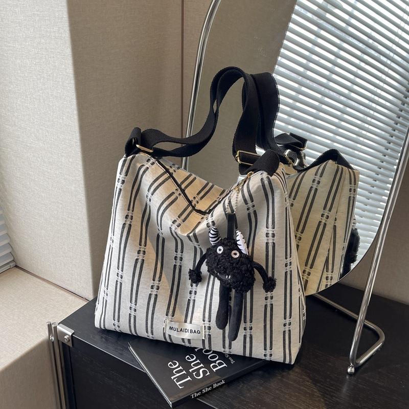 Полосатая холщовая сумка женская 2024 новая модная большая вместительная сумка-мессенджер для поездок на работу повседневная студенческая сумка-тоут