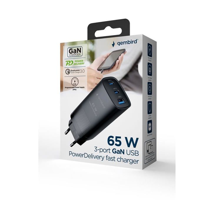 Chargeur - GEMBIRD - TA-UC-PDQC65-01-BK - 3 Ports - 65 W - Fast Charging - GaN Technology