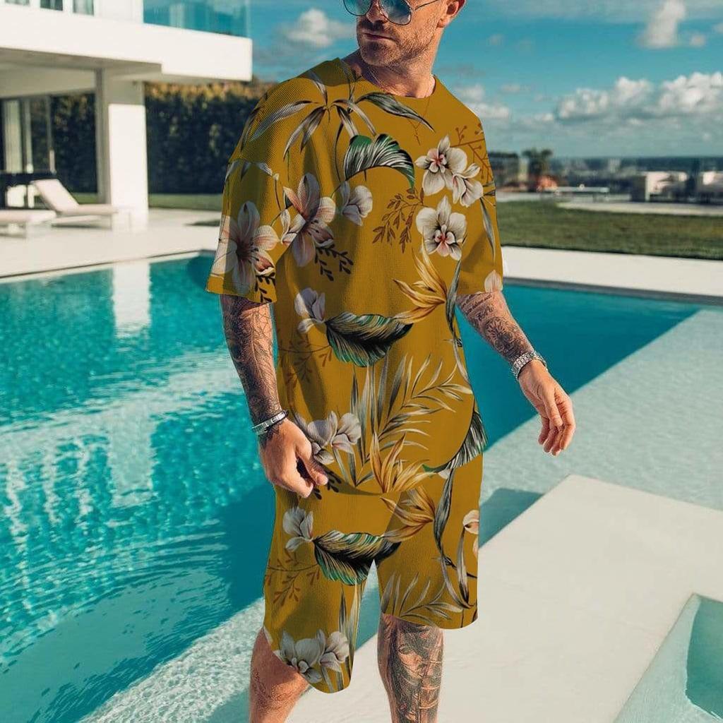 Гавайский мужской комплект, повседневная футболка, пляжные брюки, костюм, повседневный стильный мужской топ с коротким рукавом, для отдыха на природе, мужские футболки, короткий комплект из двух предметов