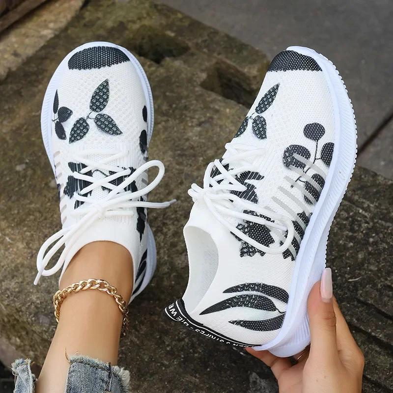 Модные женские кроссовки с принтом и вязанием, осенние новые дышащие сетчатые кроссовки для бега, женские повседневные туфли на плоской подошве, без застежек 20