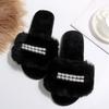Fashion Luxury Lace Pearl Decoration Faux Fur Slides Women 2025 Winter Warm Long Plush Furry Slippers Fashion Soft Thick Bottom Slippers