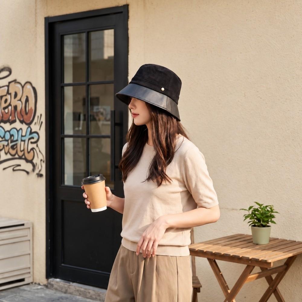 Versatile Bucket Hat Faux Leather Wide Brim Hat Fashion Fisherman Hat  Daily Casual