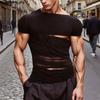 Men Cutout Short Sleeve Irregular Patchwork Mesh Fitted T-shirts Tops