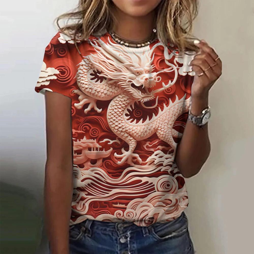 Chinese Loong 3D Digital Printing Women's Fashion Round Neck Short Sleeve T-shirt