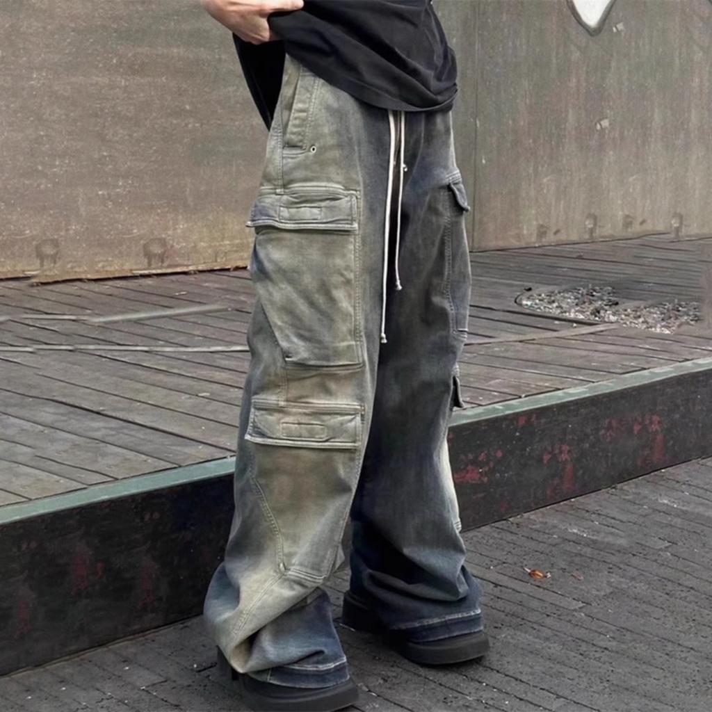 Multi Pockets Drawstring Jeans Men Harajuku Streetwear Baggy Y2K Denim Trousers Oversized Cargos