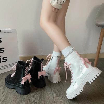 Модные панк-сапоги на толстой платформе для мотоциклистов, женские модные ботильоны на толстой подошве со шнуровкой и бантом, женские осенне-зимние готические туфли