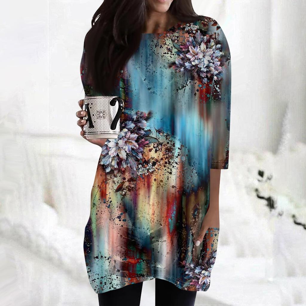 Женские повседневные рубашки с рукавами 3/4, модные туники с принтом, топы с карманами