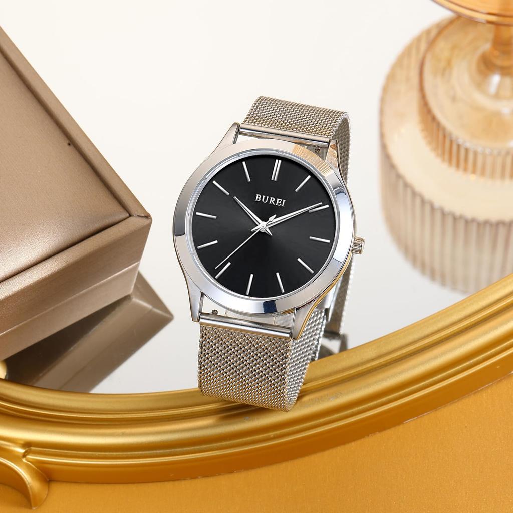 BUREI Analog Quartz Milanese Mesh Strap Stainless Men's Watch, Waterproof, Popular, Slim, Simple, Stylish, Business, Casual, Style, (Black, Silver,