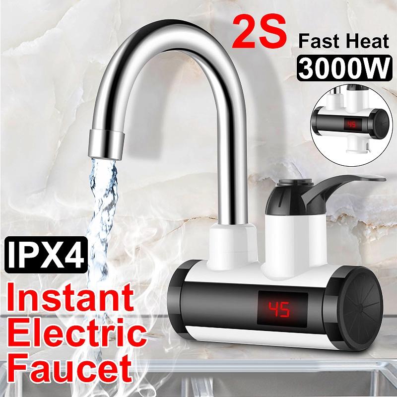 220V IPX4 Instant Electric Faucet Tap Hot Water Heater LED Display Bathroom Kitchen Under Inflow/Lateral Inflow 3000W