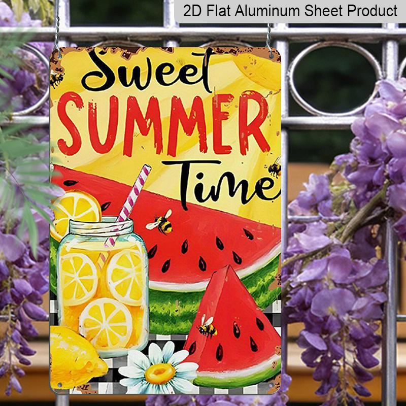 2D Flat, Vintage Summer Metal Wall Plaque - Lemonade & Watermelon Slices with Sweet Summer Time Text - 8x12 Inch Retro Aluminium Sign for Home, Cafe