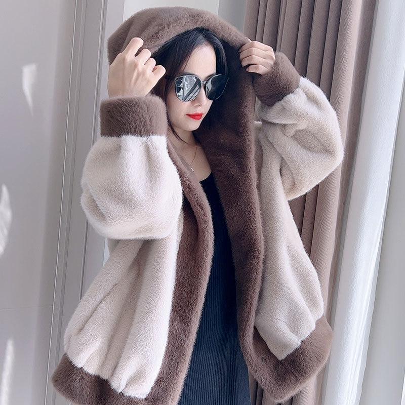 Куртка из искусственного меха норки контрастного цвета с капюшоном, женская, с мехом, с интегрированным толстым теплым длинным рукавом