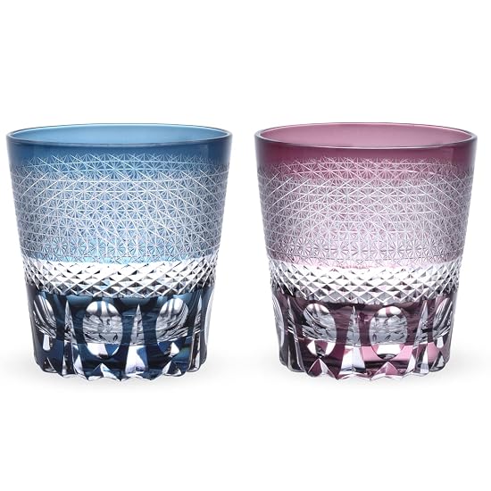 J-kitchens Nostalgia Kiriko Pair Glass Cup dia.85xH90mm 260cc Sashiko Ink Blue & Purple with Bottom Eng