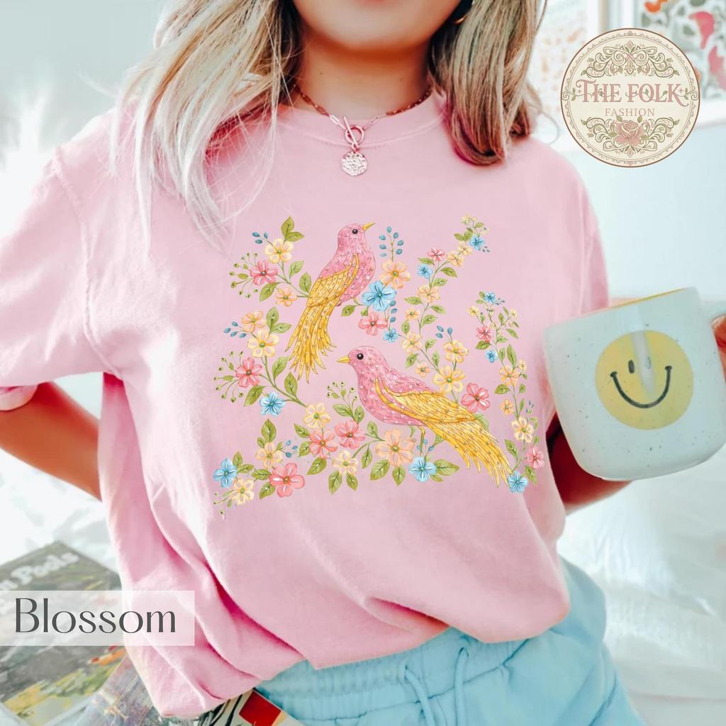 Birds and Flowers Shirt, Cottagecore Aesthetic Bird Tee, Vintage Wildflower Garden T-Shirt, Nature Lover Gift, Boho Floral Songbird Top