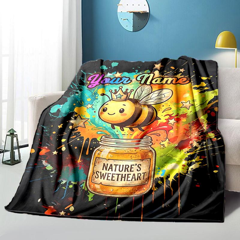 1PC Custom Name Bee Sweet Honey Jar flannel blanket versatile,all-season throw suitable for the living room,bedroom,camping,travel,and gift