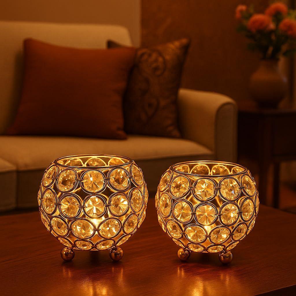 Набор из 2 х Хрустальных подсвечников-свечей типа "tea light" - Декоративные items для Пуджи Дия для дома Рождественский Подарок на Дивали Латунный Предмет для Пуджи Уникальный Подарок на Рождество Дивали