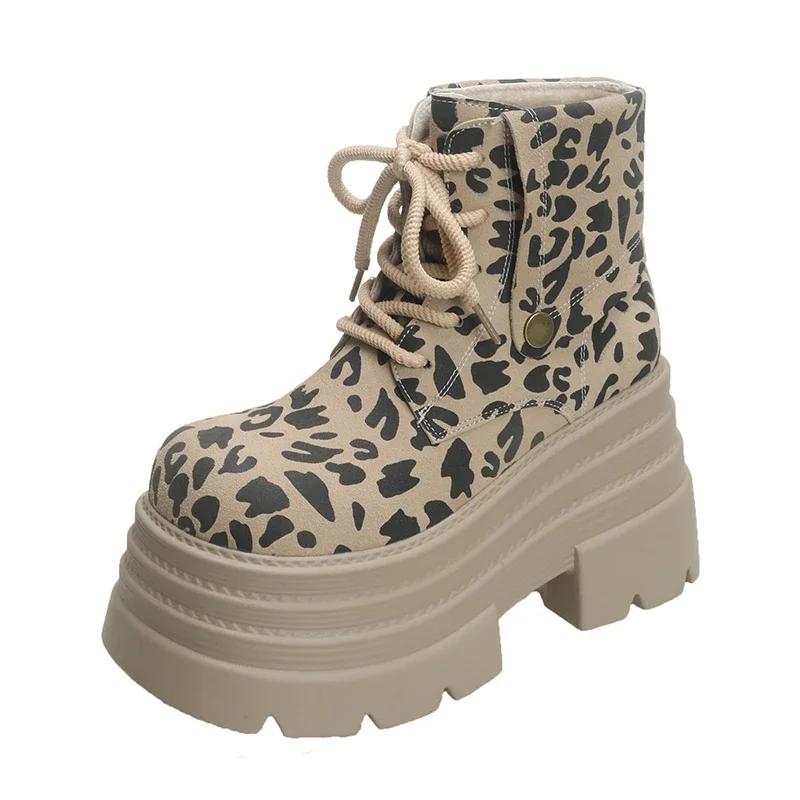 Модные женские ботильоны на платформе с леопардовым принтом 10 см, высокие каблуки, зимние замшевые теплые меховые зимние ботинки 2025 года, трендовые женские осенние ботинки на шнуровке