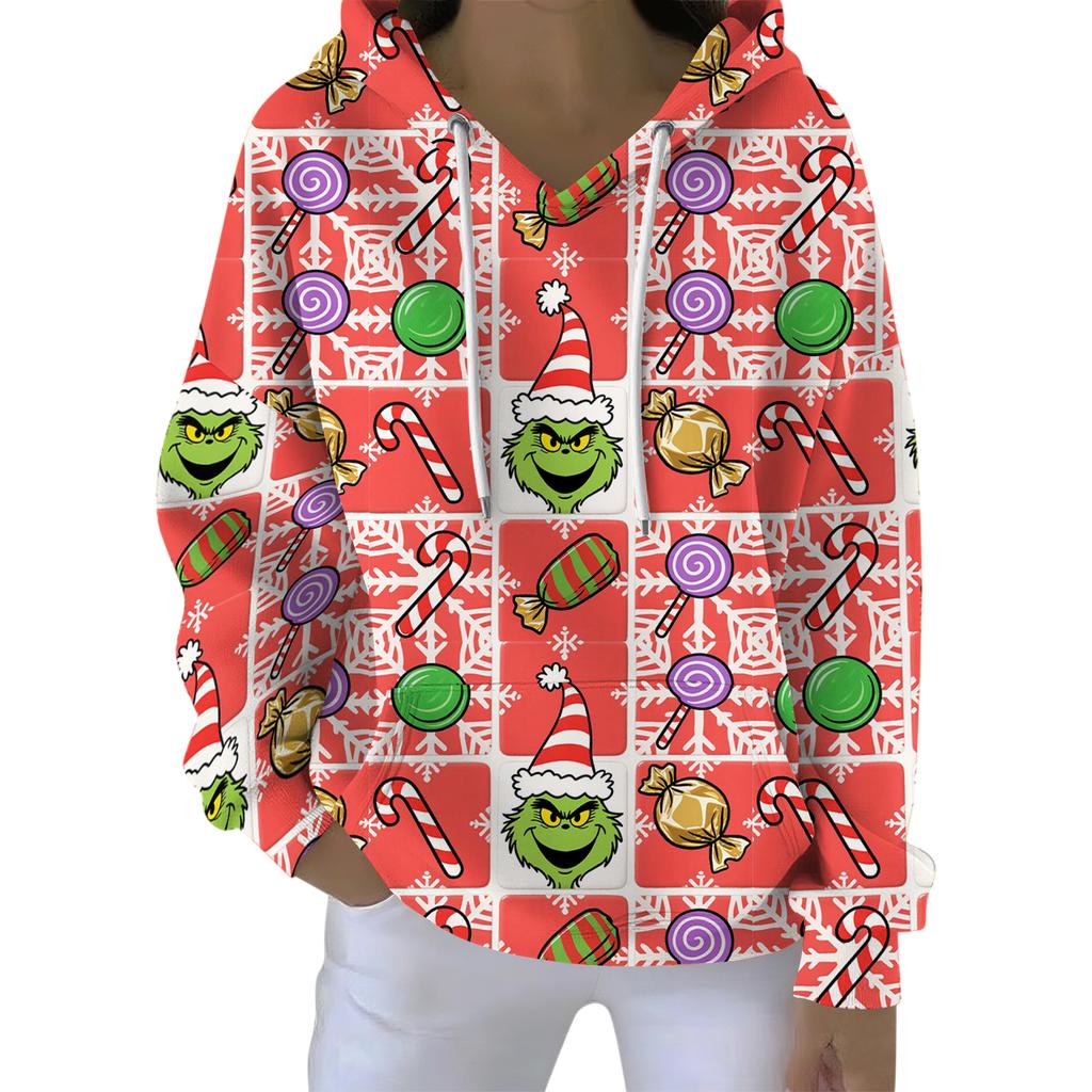 Ladies' Loose And Comfortable Drawstring V-neck Long Sleeved Christmas Printed Sweatshirt