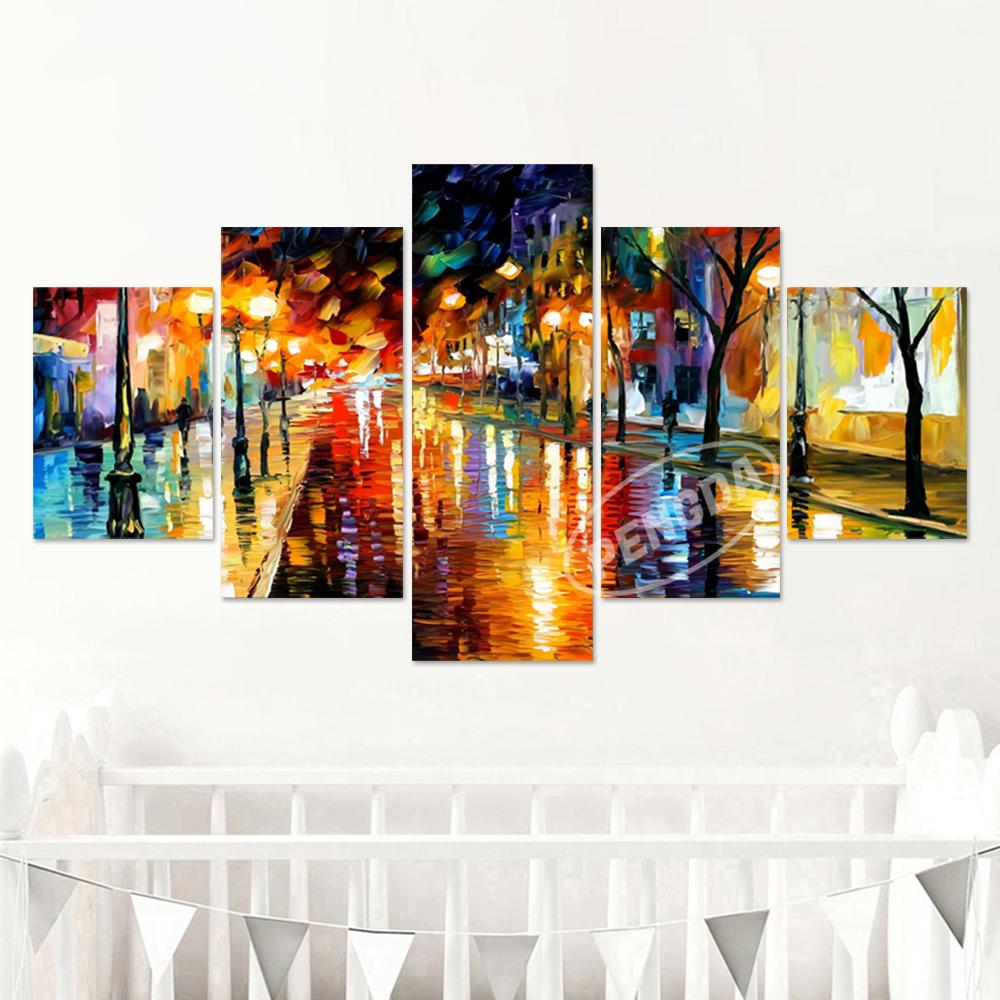 Печать на холсте, постер, домашний декор, настенное искусство, 5 шт., «Прогулка под дождем», ночной пейзаж, абстрактные цветные картины с деревом