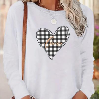 Топы для женщин с принтом «любовь в сетке» с круглым вырезом и длинными рукавами, осенняя повседневная тонкая кофточка, женский топ с длинными рукавами