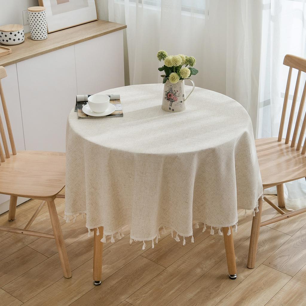Plain Tablecloth with Fringed Round Table Dining Table Household Round Suitable for Holiday Dining Rooms, Living Rooms, Family Gatherings