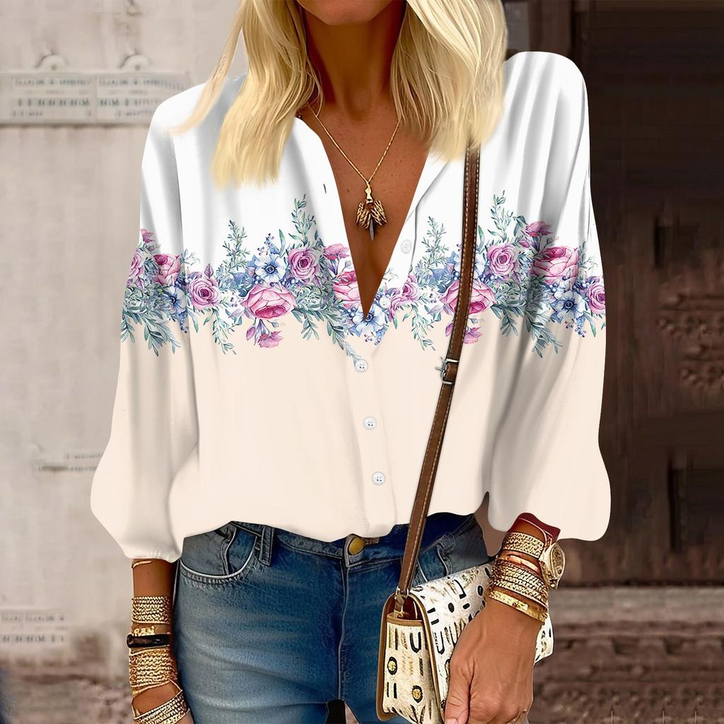 Женская рубашка, блузка с принтом на пуговицах, повседневный винтажный модный топ с круглым вырезом и рукавами 3/4